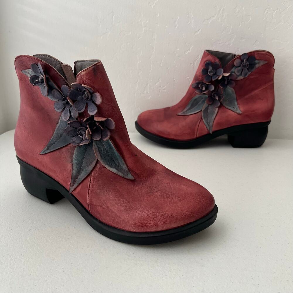 Socofy Rose Handmade Leather Ankle Boots 3D Floral Applique Artsy Size 40/9-9.5
